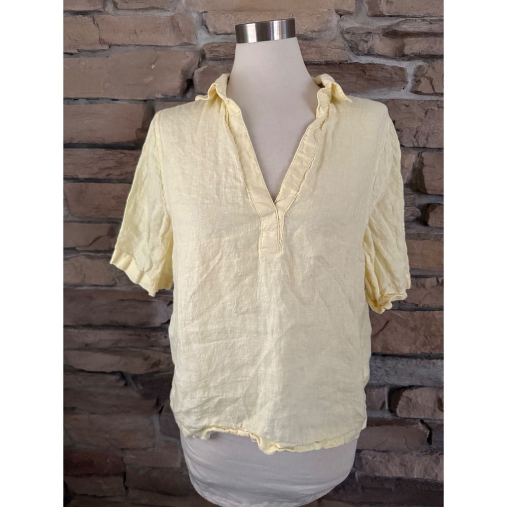 Rachel Zoe Womens 100% Linen V-Neck Short Sleeve Blouse Pale Yellow Size L